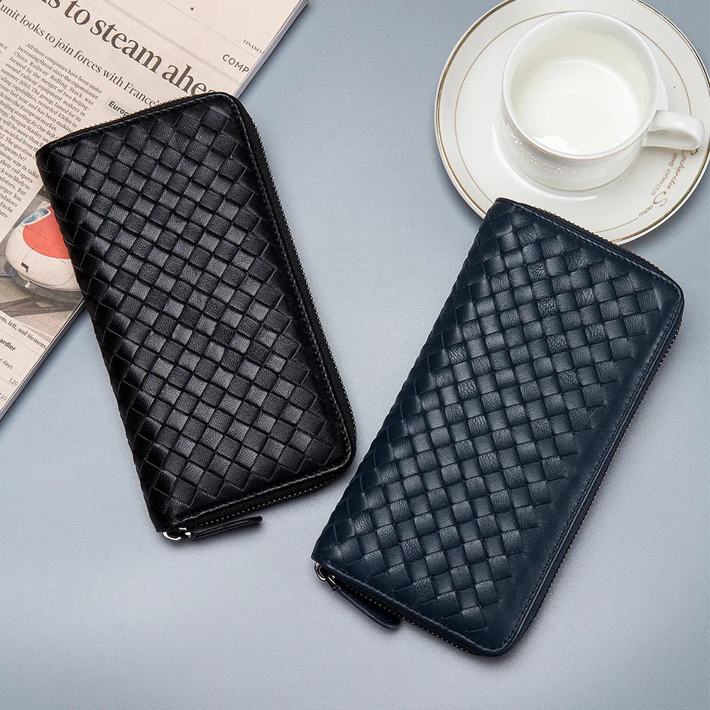 Men's Woven Leather Wallet Clutch Bag with Large Capacity