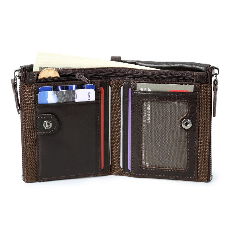 Leather Men's Wallet Short Retro Money Bag Purse Cowhide Leather Double Zipper