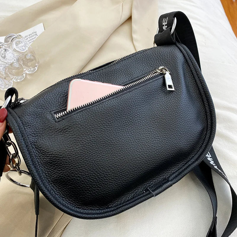Leather Messenger bag Thick Chain Shoulder Bags Soft Cowhide Female Dumpling Bag