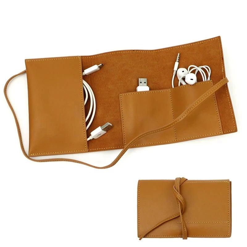 Leather Organizer Bag Travel Cable Storage Roll