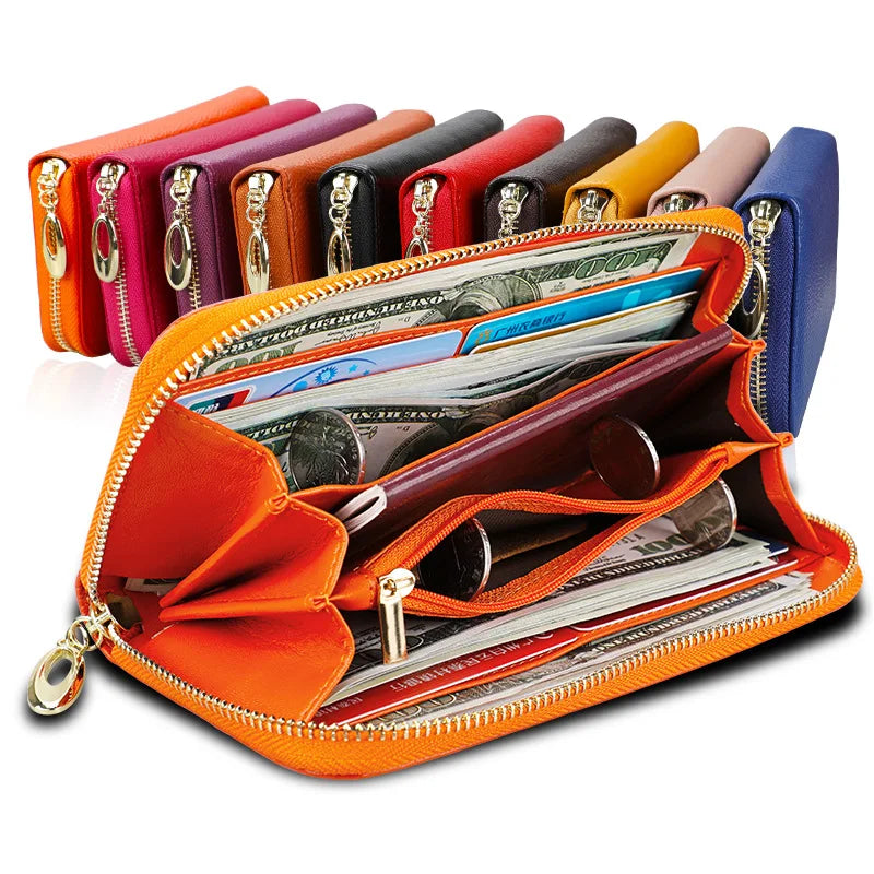 RFID Blocking Women's Leather Wallet Zipper Phone Purse