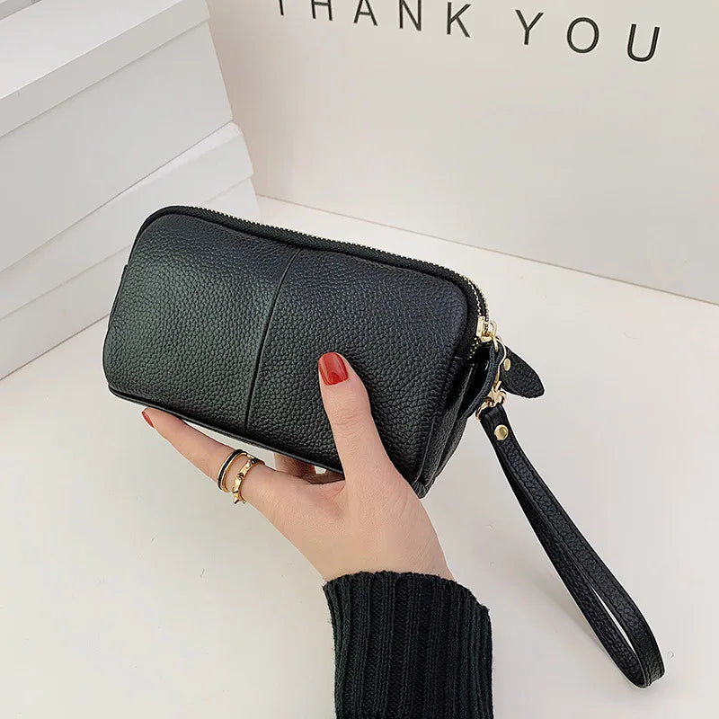 Double Zipper Leather Women Clutch Purse Wristlet Wallet