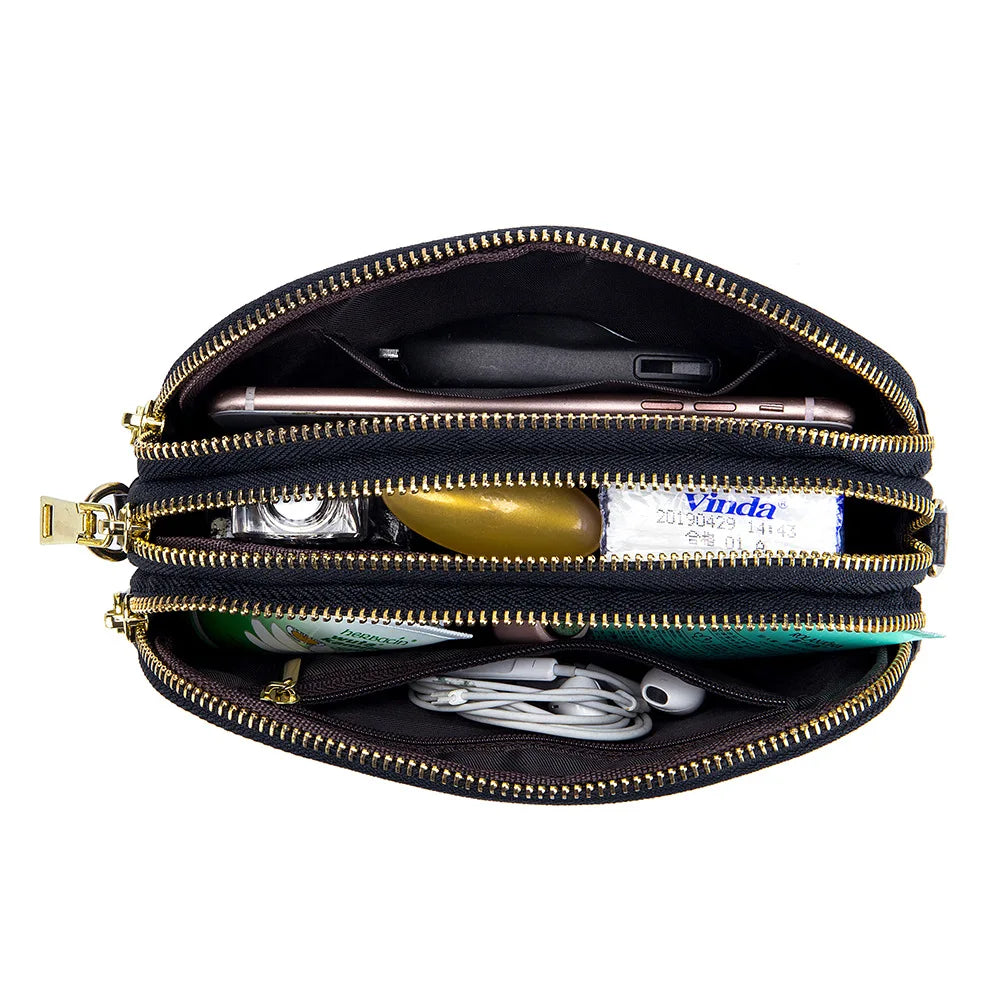 Leather Women Crossbody Bags Small 3 Layer Zipper Female Messenger Bag