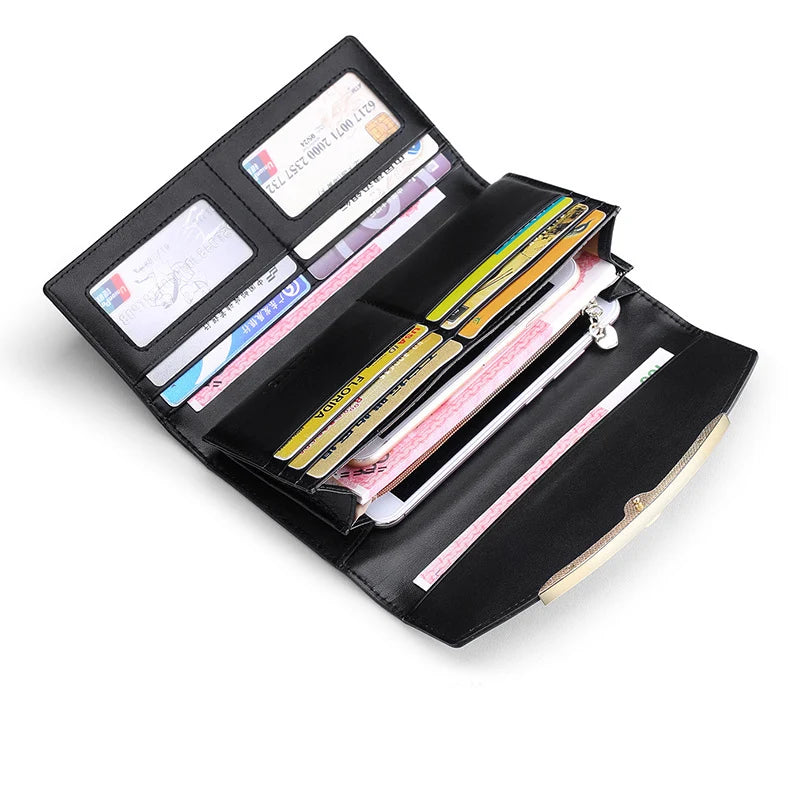Leather Women's Diamond Decoration Long Wallet Clutch Ladies with Rfid Blocking