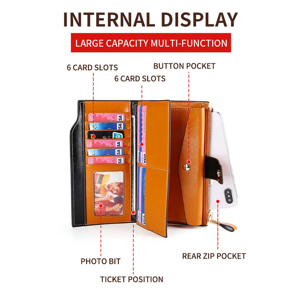 Leather Women's Wallet Long Oil Wax Leather Mobile Phone Clutch Bag