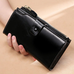 Leather Women's Wallet Long Oil Wax Leather Mobile Phone Clutch Bag
