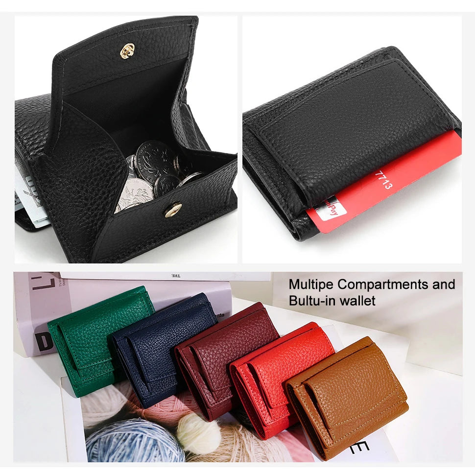 Leather Lady Purse Short Style Soft Cowhide Wallet Pocket Rfid Small Women Purse