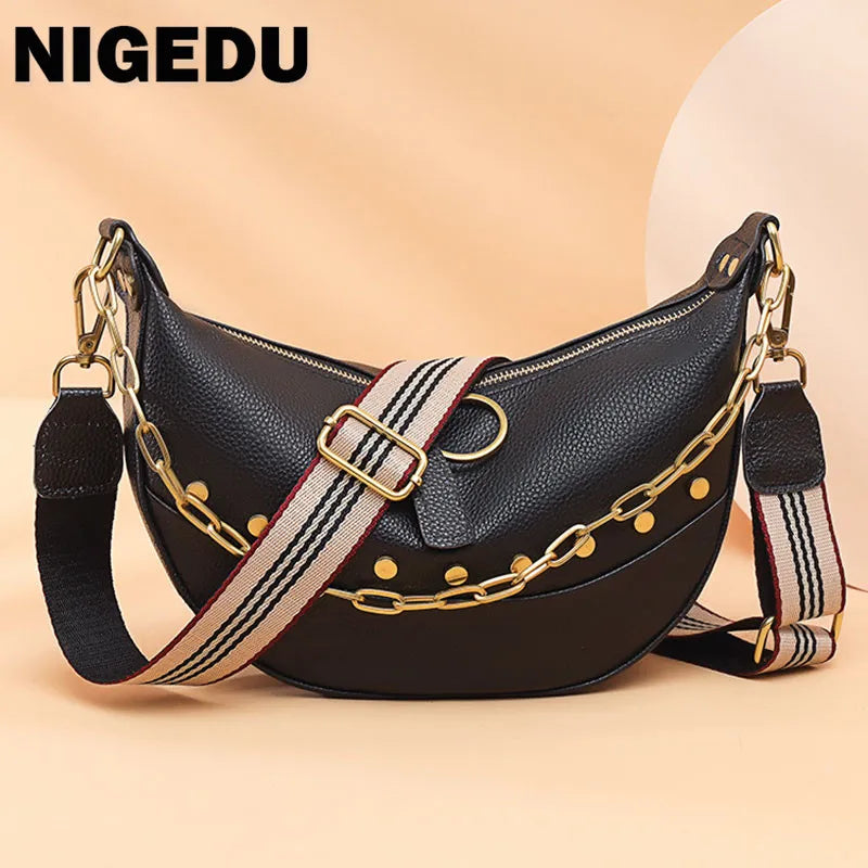 Leather Women Shoulder Bags Rivet Semicircle Messenger Chain Handbag
