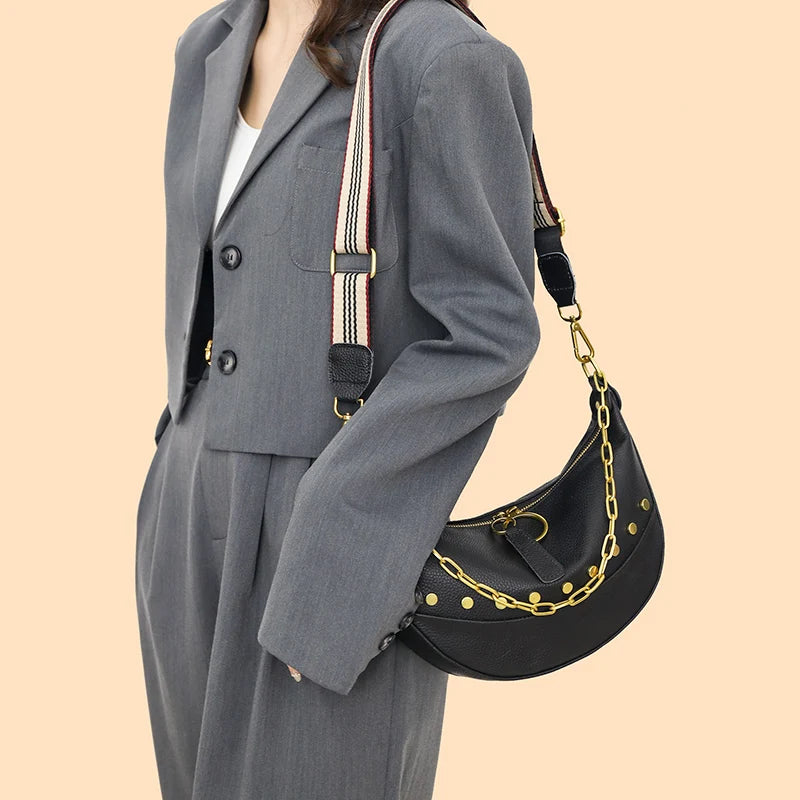 Leather Women Shoulder Bags Rivet Semicircle Messenger Chain Handbag