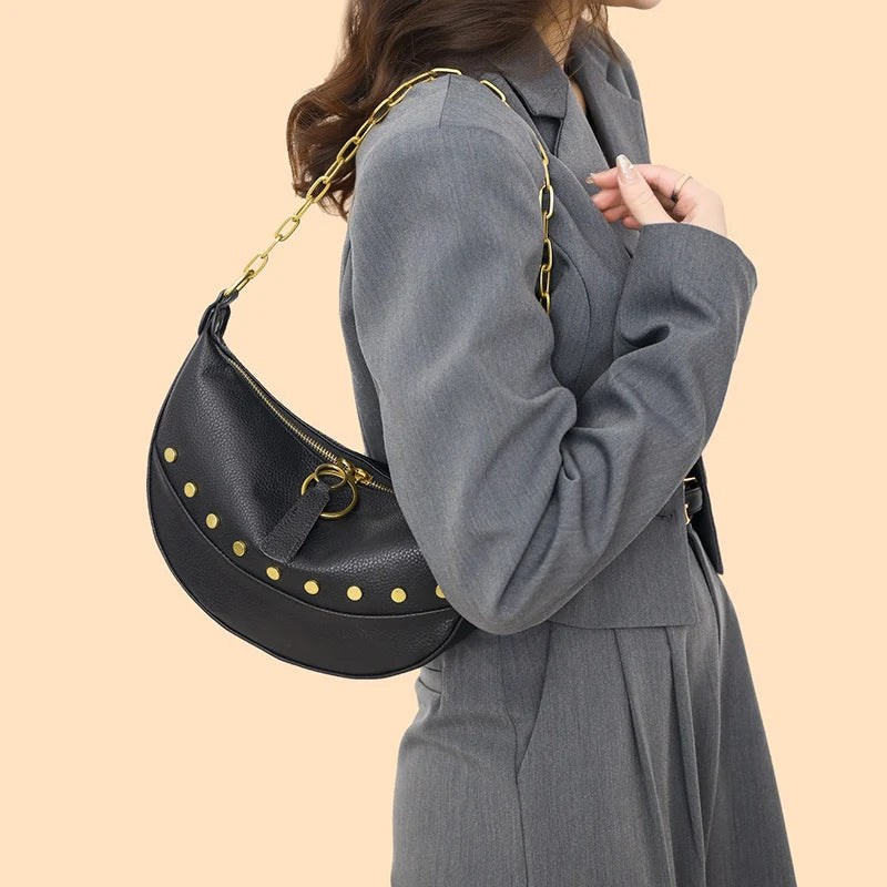 Leather Women Shoulder Bags Rivet Semicircle Messenger Chain Handbag