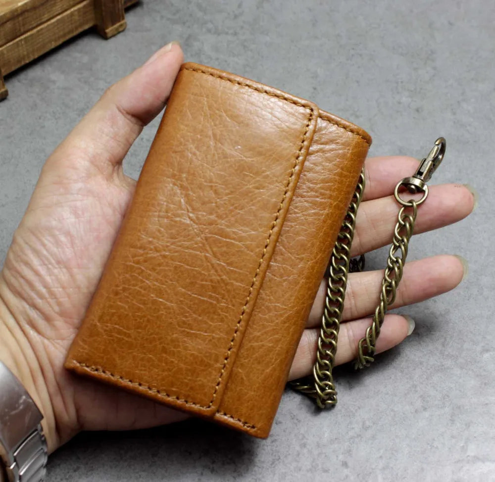 Vintage Brown Leather Key case Wallet With A chain Mens Biker