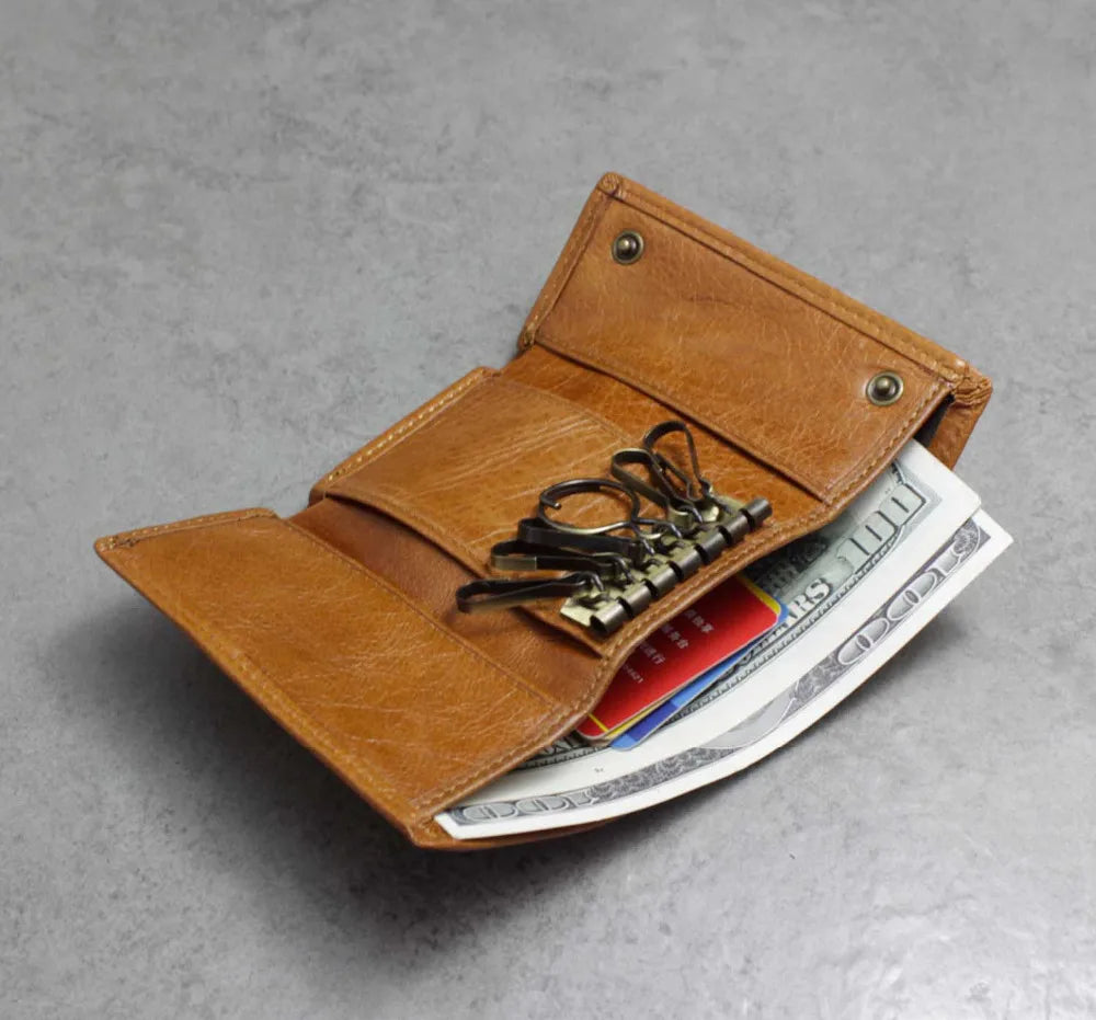 Vintage Brown Leather Key case Wallet With A chain Mens Biker