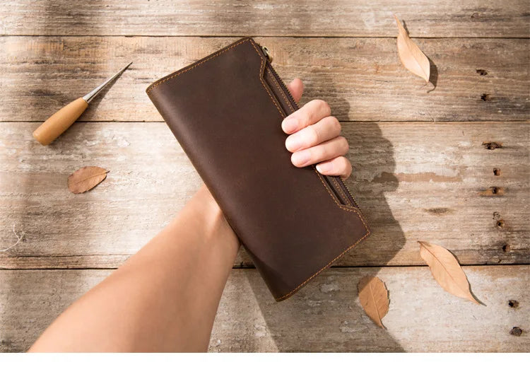 Vintage Leather Wallet Bifold Long for Men Women