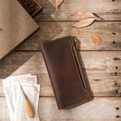Vintage Leather Wallet Bifold Long for Men Women