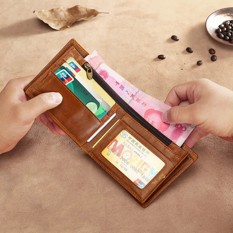 RFID Leather Wallet for Men Vintage Cowhide Short Billfold
