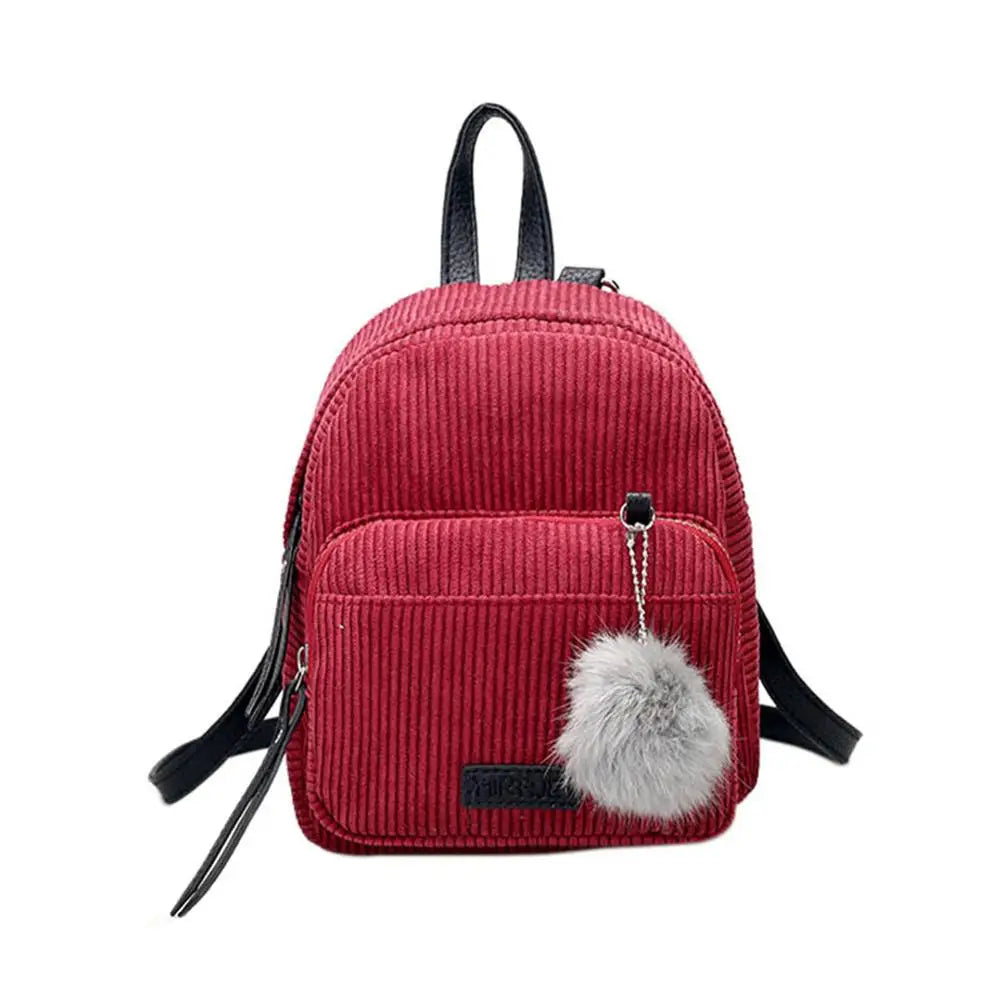 Girl Mini Backpack Women Pompom Ball Corduroy Small Backpack
