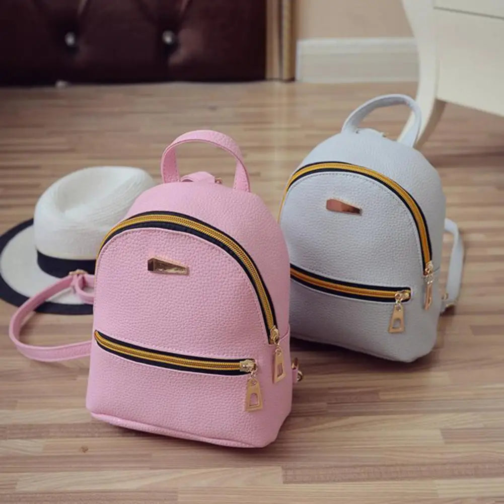 Waterproof Faux Leather Girls Backpack Solid Adjustable Shoulder Straps