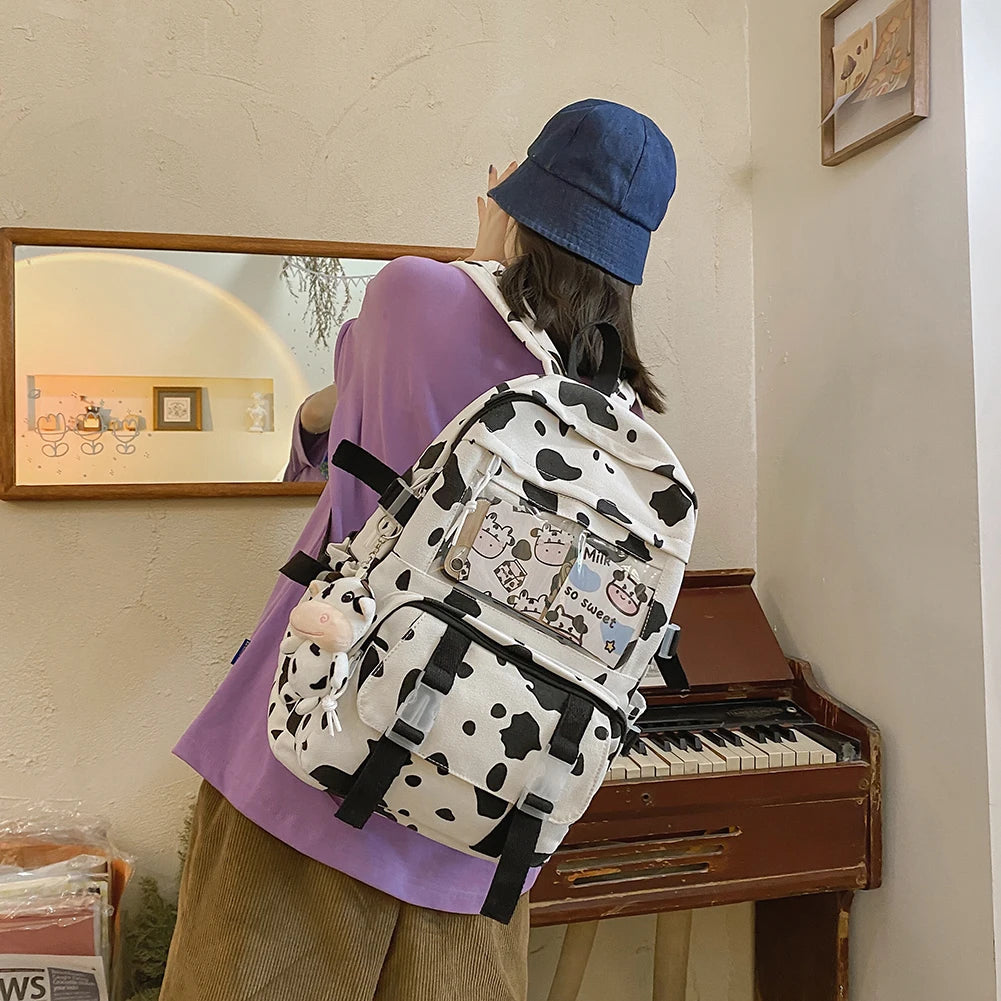 Cow Print Canvas Backpack for Girls Women College Rucksack