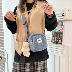 Girls Crossbody Purse Plush Handbag with Bear Pendant