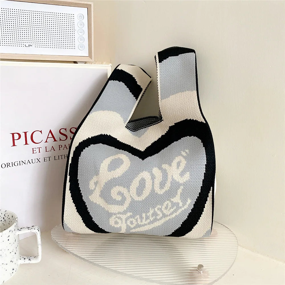 Girls' Love Knitted Handbag Contrast Shoulder Woven Bag