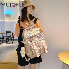 Girls Patchwork School Bag Plaid Large Capacity Rucksack