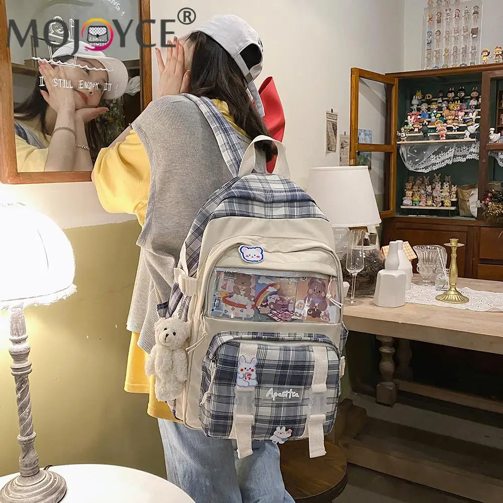 Girls Patchwork School Bag Plaid Large Capacity Rucksack