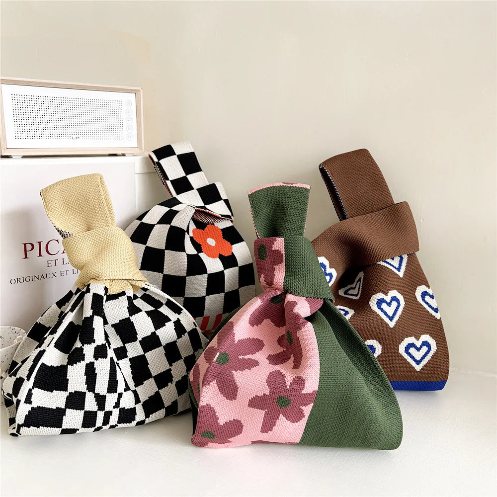 Plaid Flower Knitting Handbag For Women Autumn Winter Shoulder Bag