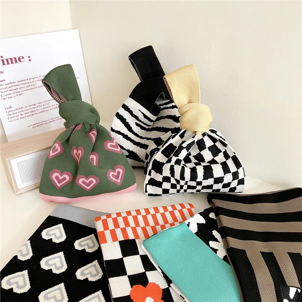 Plaid Flower Knitting Handbag For Women Autumn Winter Shoulder Bag