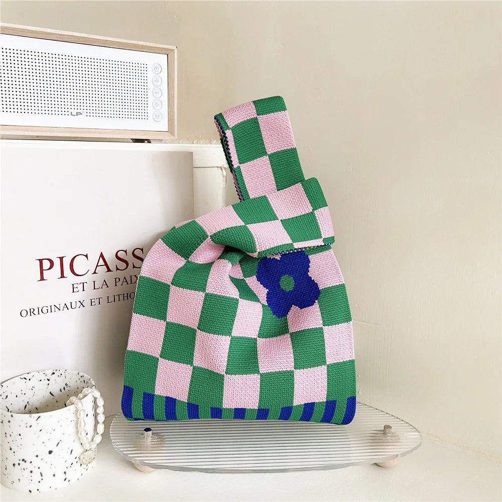 Plaid Flower Knitting Handbag For Women Autumn Winter Shoulder Bag
