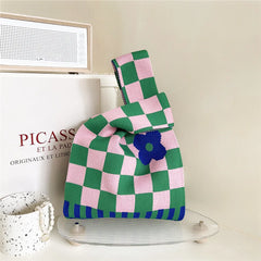 Plaid Flower Knitting Handbag For Women Autumn Winter Shoulder Bag