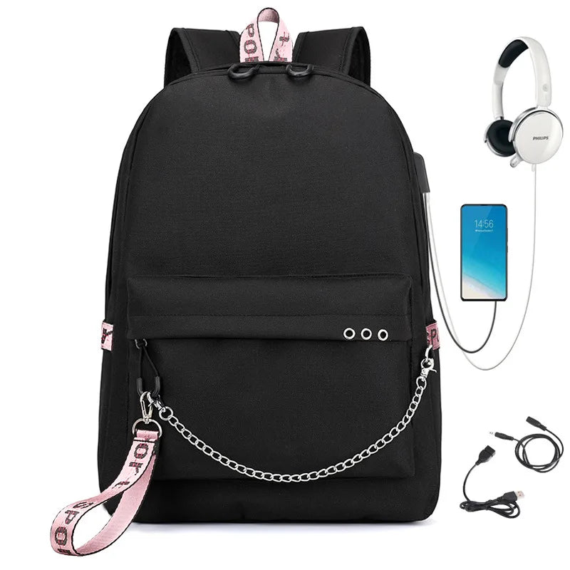 Girls USB Oxford Backpack Student School Bag