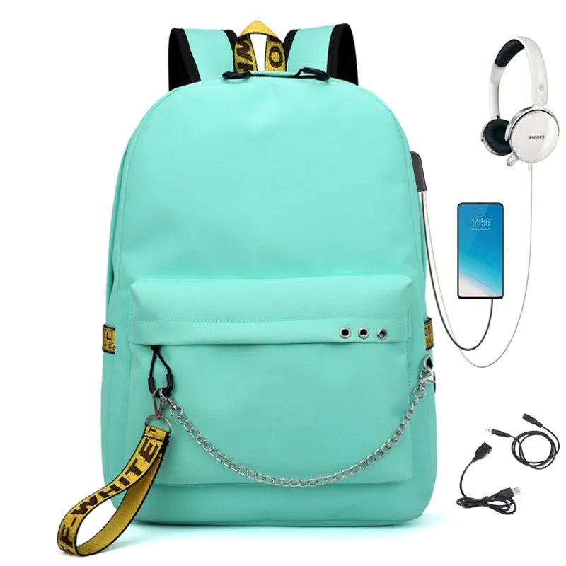 Girls USB Oxford Backpack Student School Bag