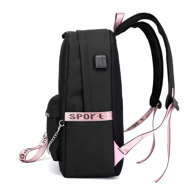 Girls USB Oxford Backpack Student School Bag