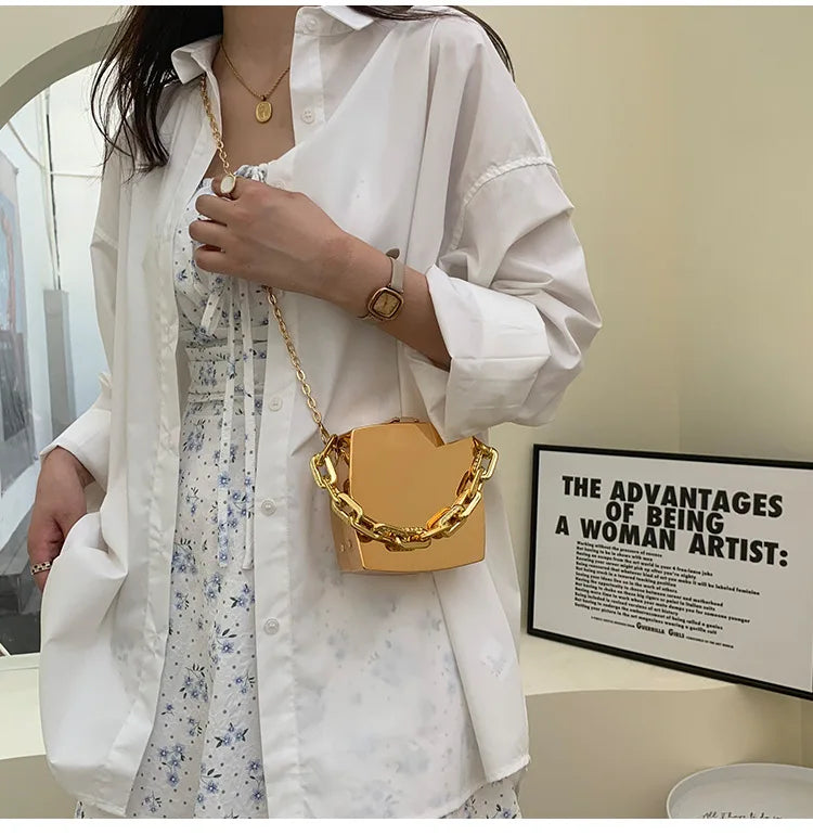Silver PVC Box Shoulder Bag Party Evening Clutch Bag Chain Crossbody Bags