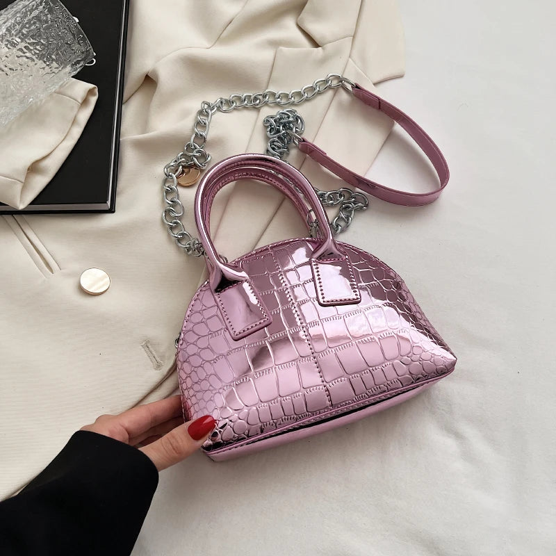 Silver Shell Evening Clutch Crocodile Pattern Shoulder Bag for Party Wedding