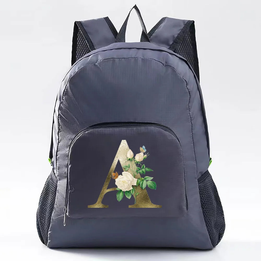 Golden Flower Letter A~Z Print Foldable Travel Backpack Lightweight Bag