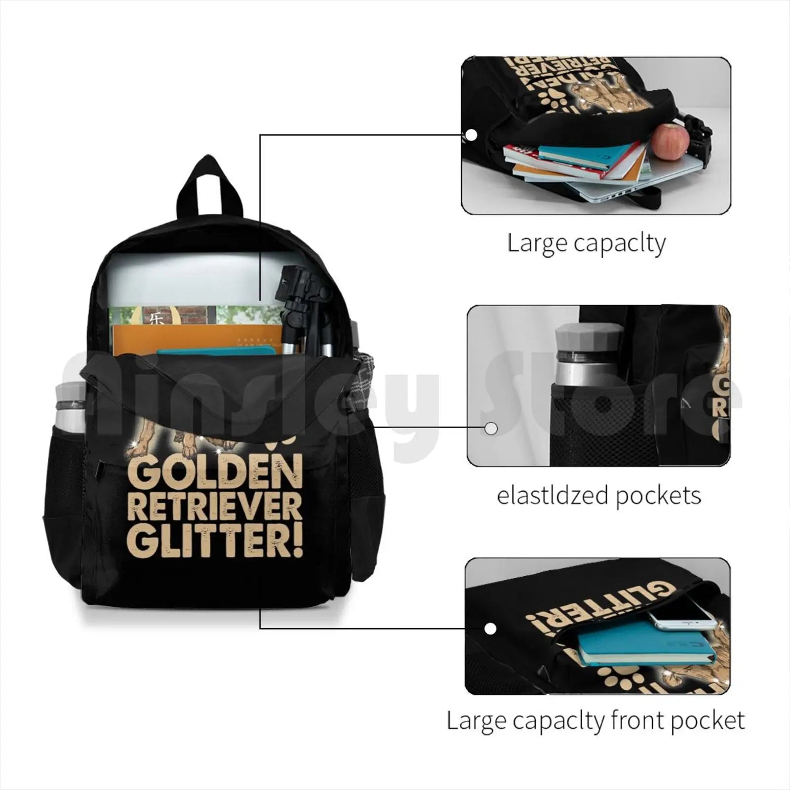 Golden Retriever Dog Glitter Outdoor Hiking Backpack