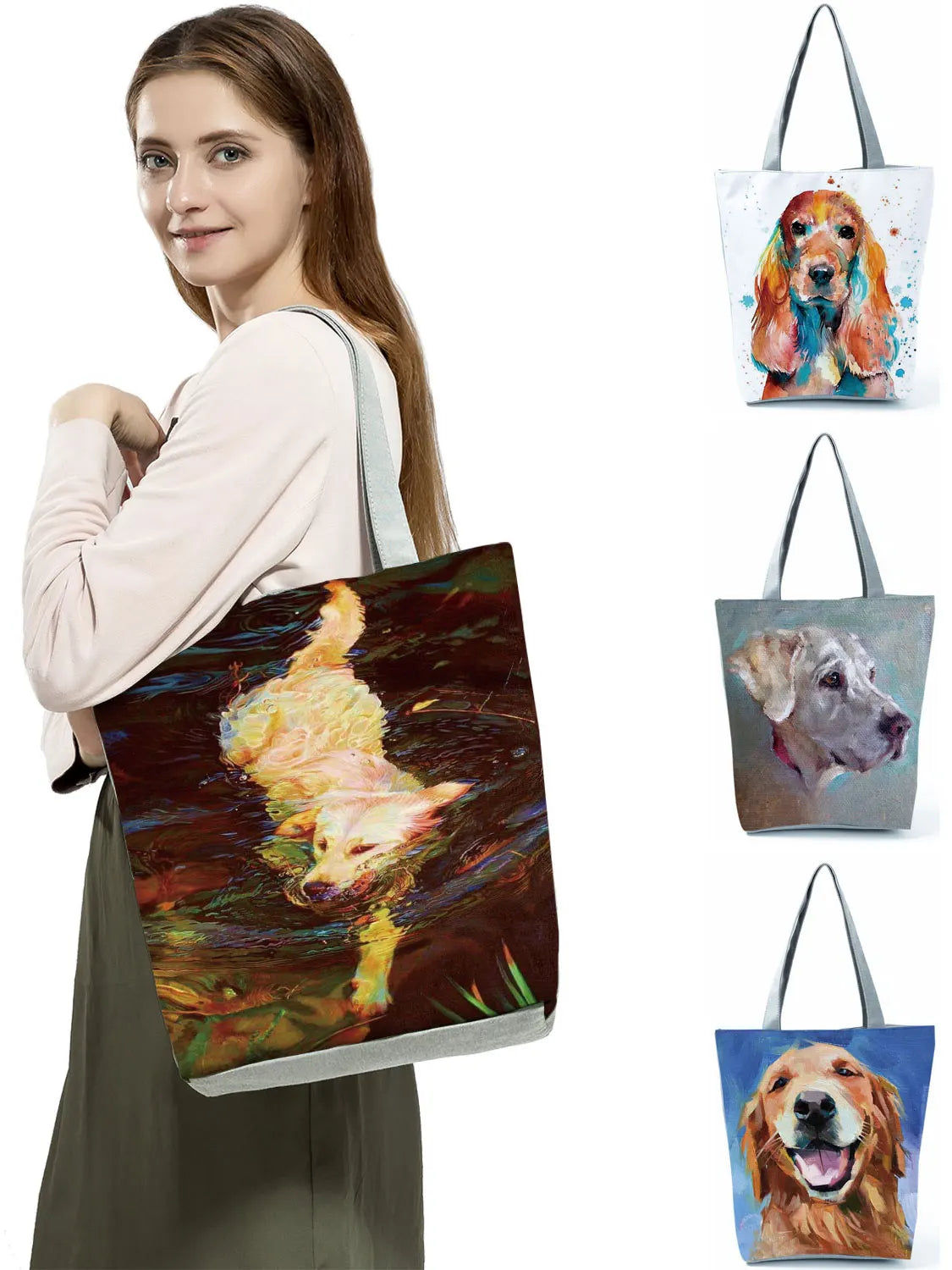Golden Retriever Oil Painting Dog Print Shopping Bags for Groceries