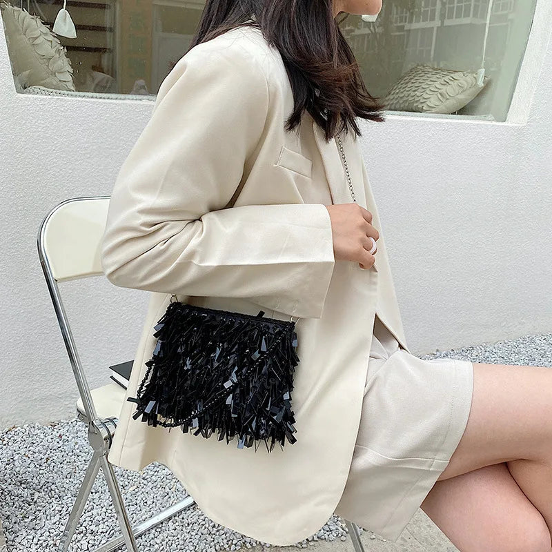 Golden Sequin Beaded Tassel Crossbody Bag Clutch Purse Handbag