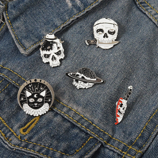 Gothic Halloween Party Enamel Pins Horror Skull Spooky Skeleton Cat Brooches