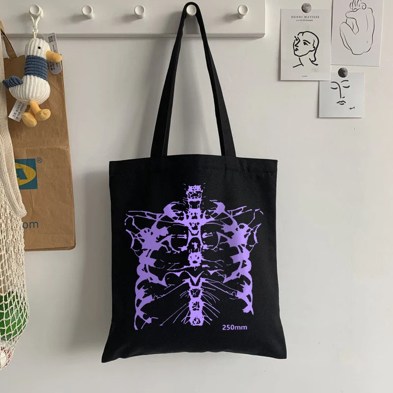 Gothic Skull Print Canvas Bag Skeleton Harajuku Casual Dark Women Shoulder Bag