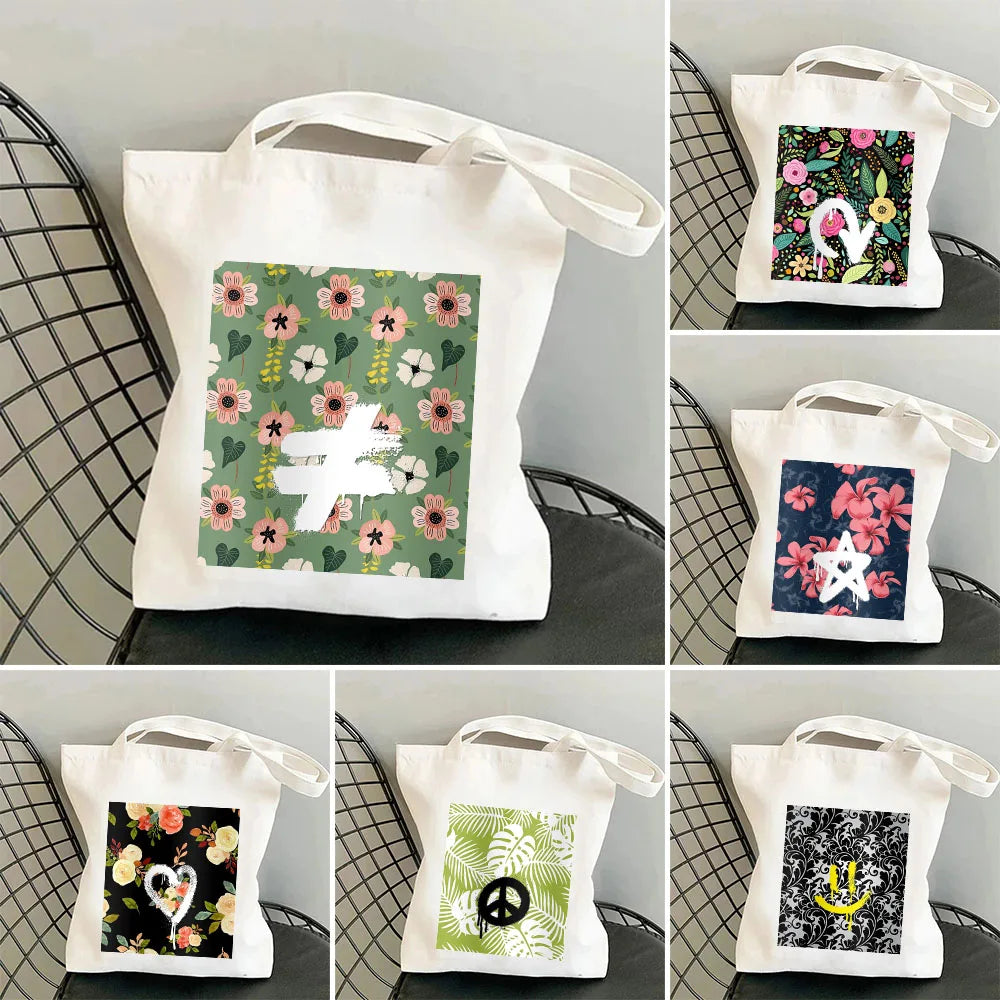 Abstract Floral Smiley Face Women Canvas Shoulder Bag