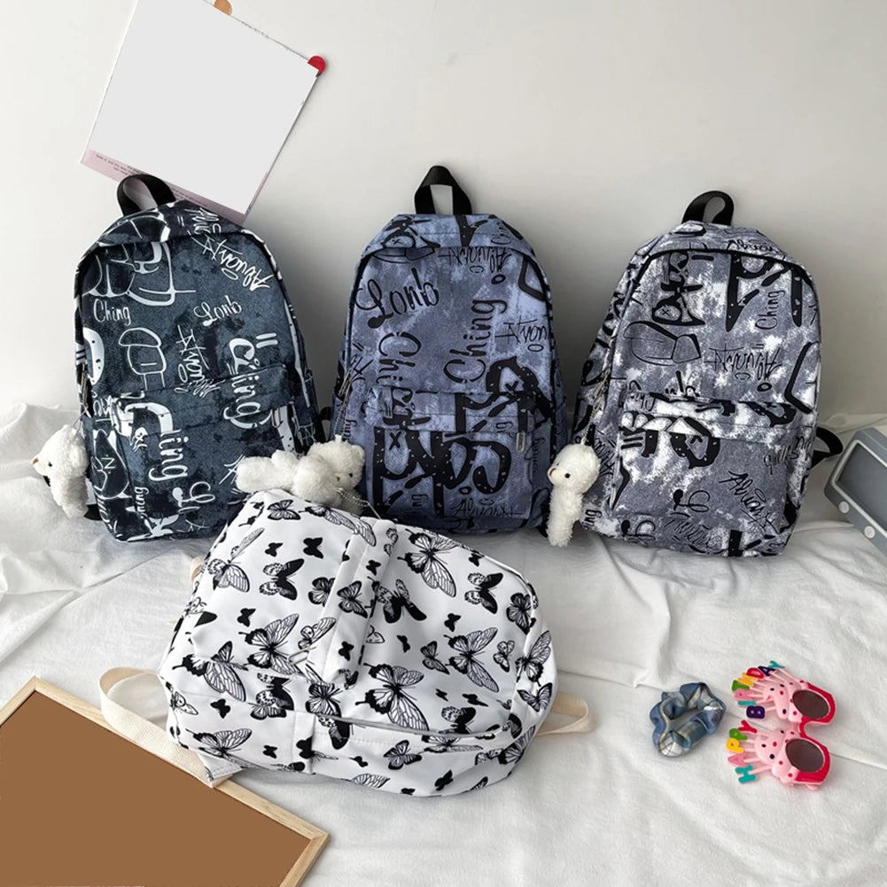 Graffiti Butterfly Oxford Cloth Backpack with Bear Pendant