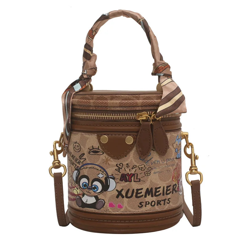 Graffiti Cylindrical Bag Women's Crossbody Shoulder Purses PU Leather
