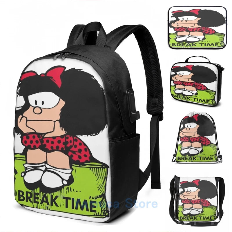 Graphic Print Mafalda Break Time USB Charge Backpack Men Women Travel Bag