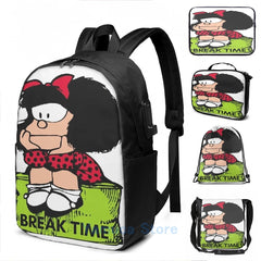 Graphic Print Mafalda Break Time USB Charge Backpack Men Women Travel Bag