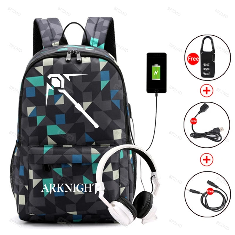 Green Arknights Backpack Anti-Theft Bookbag School Boys Girls USB Charg