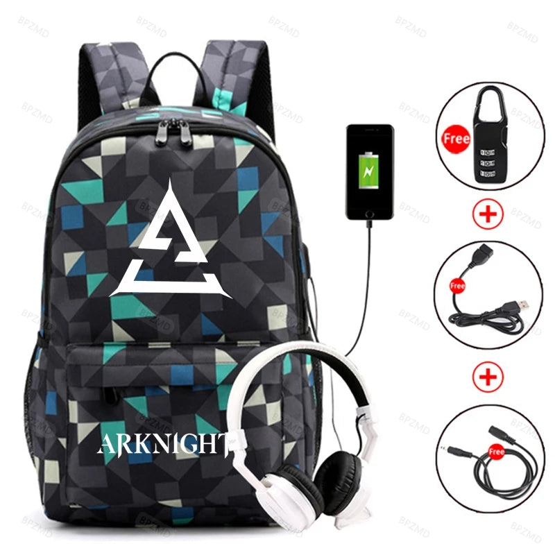 Green Arknights Backpack Anti-Theft Bookbag School Boys Girls USB Charg