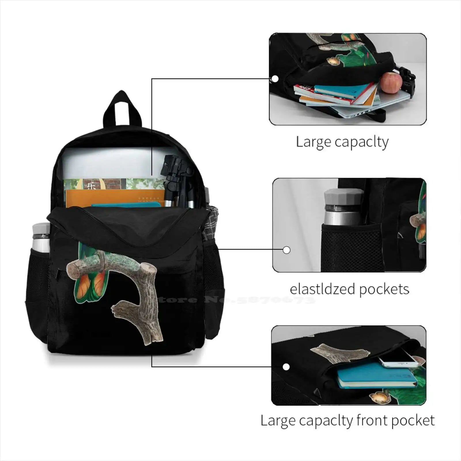 Green Parrot On A Perch Backpack For Student School Laptop Travel Bag
