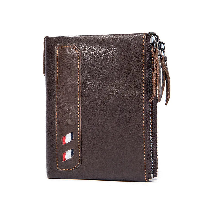 Retro Men's Leather Wallet Double Zipper Hand Holding Short Money Chuck